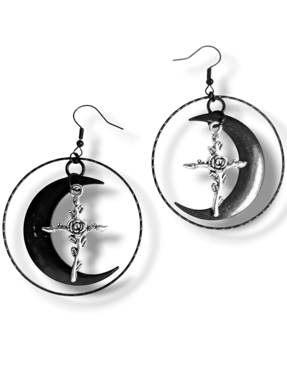 NWT Handmade Black Crescent Moon Silver Cross and Hoop Layered Earrings